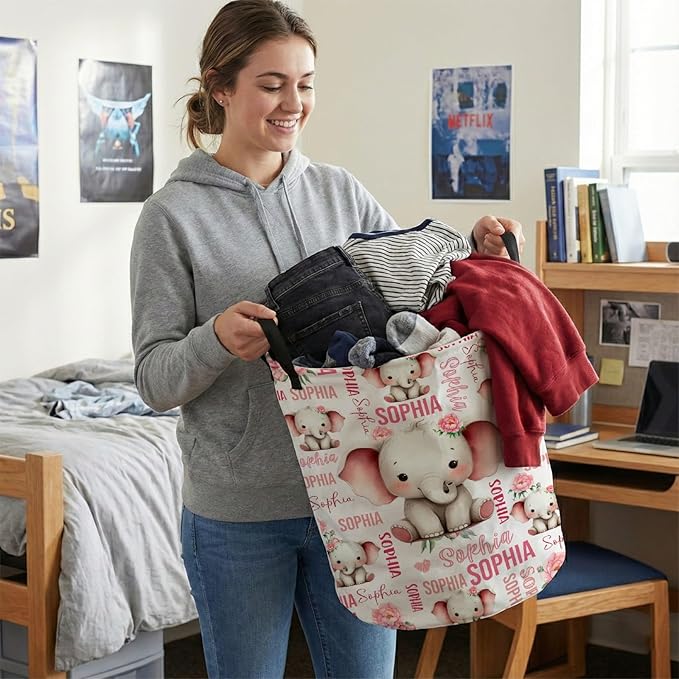 Custom Elephant Laundry Baskets,Personalized Elephant Gifts,Customize Name Laundry Hamper for Boys Girls Adults,Collapsible Clothes Storage Organizer,16.5 x 13.8in