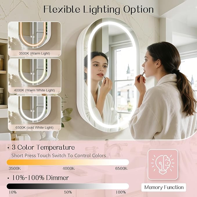 Oval Medicine Cabinet with Light,LED Medicine Cabinet,USB Shaver Socket,Internal Light,Steel with Powder Coating,Soft Closing Hinge,White,16×28inch
