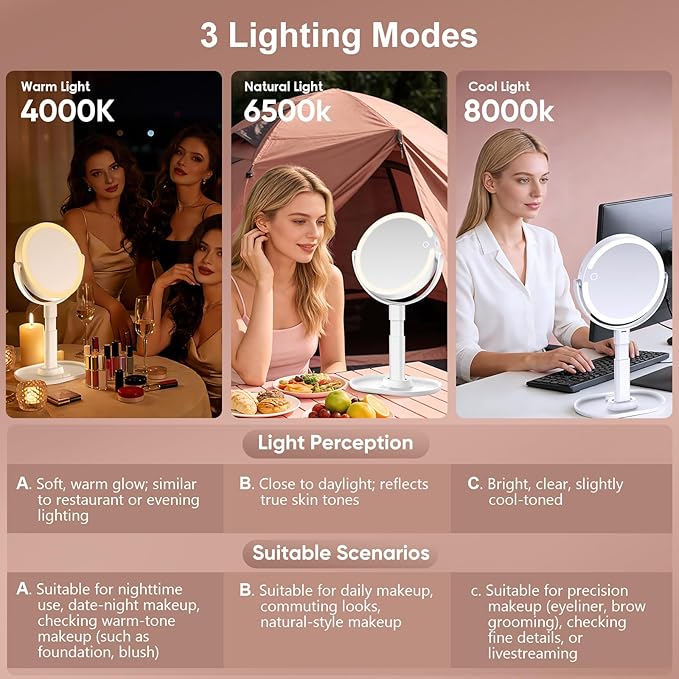Lighted Makeup Mirror with 10X Magnification, Rechargeable LED Magnifying Vanity Mirror with 3 Lights, Adjustable Height, Storage Base and Phone Holder, White, 8 inch