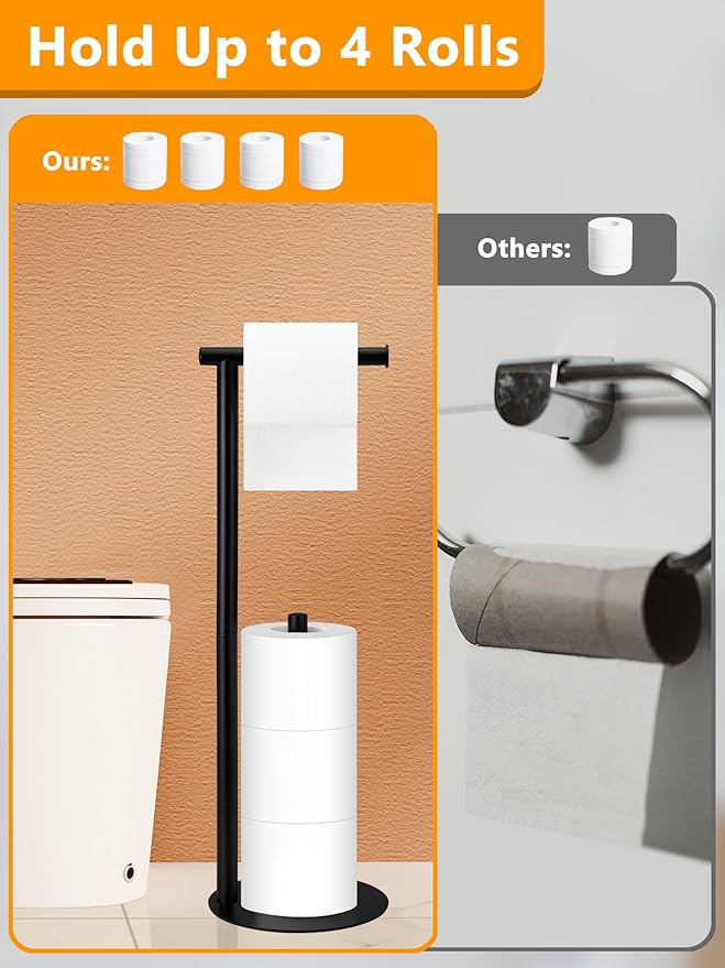 Toilet Paper Holder Stand, Free Standing Toilet Paper Roll Stand with Reserve for Bathroom, Stainless Steel, Black