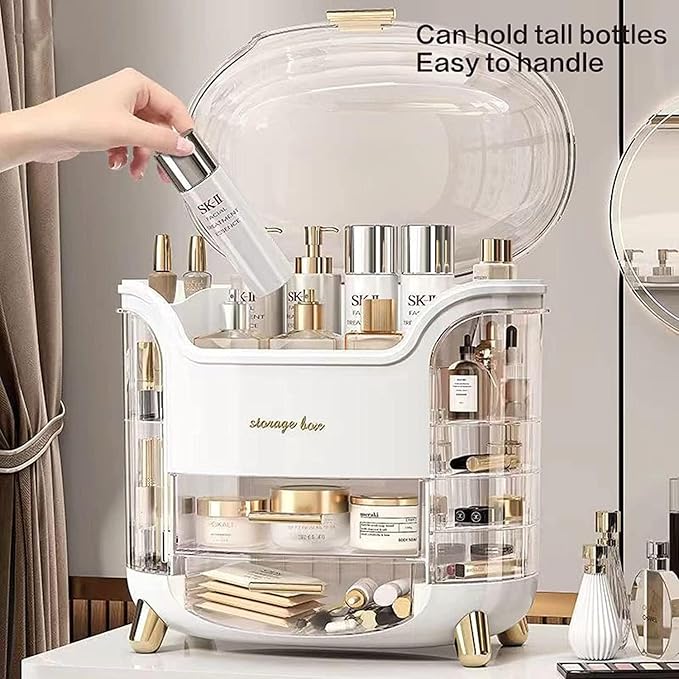 Dustproof Cosmetic Storage Box, Cosmetics Skincare Jewelry Lipstick Organizer, Multi-Function Make Up Case, Cosmetics Storage Box, Makeup Organizer with Lid (White)