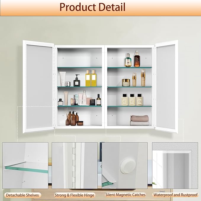Medicine Cabinet with Mirror, 32x26 Inch Bathroom Mirrored Cabinet with Double Doors, Extra Storage Space, Bevel Mirror Wall Cabinet, Recessed or Surface Mount