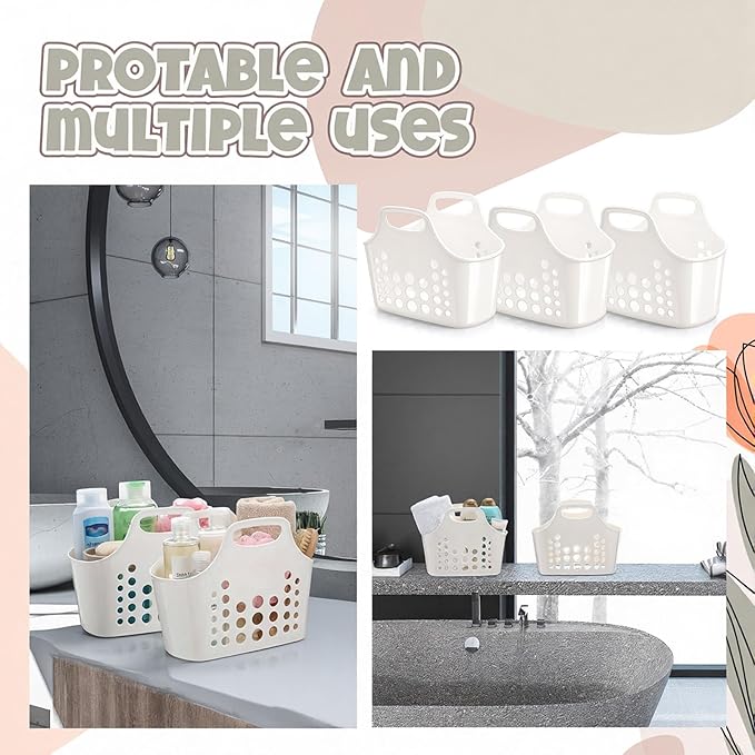 Nuogo 10 Pack White Basket with Handles Plastic Oval Carry Totes with Handles Caddy Multipurpose Organizer Reusable for Bathroom Dorm Communal Showers Kitchen School, 10.6" x 6" x 10"