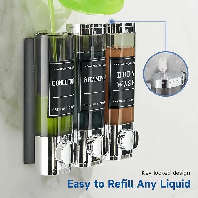 Unisense Shower Soap Dispenser 3 Chamber No Drill Shampoo and Conditioner Dispenser Wall-Mounted Shampoo Dispenser for Shower Wall Mounted Shower Dispenser for Bathroom Hotel Large Capacity,Chrome