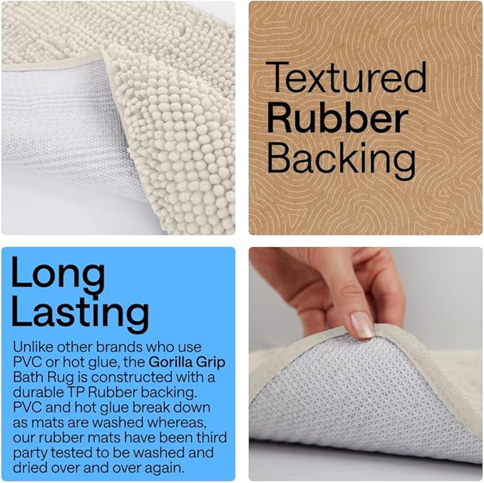 GORILLA GRIP Bath Rug Mat 44x26, Soft Absorbent Chenille, Quick Dry Microfiber Mats, Rubber Backing Washable Shower Floor Rugs, Bathmat Runner, US Designed Bathroom Home Decor Accessories Ivory Cream