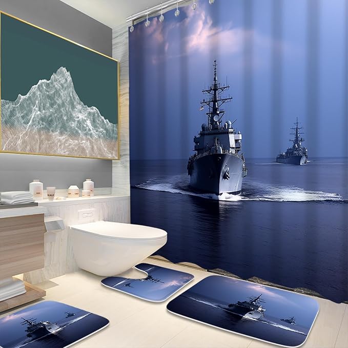 Cool Modern Boys Aircraft Carrier Bathroom Sets with Military Nautical Shower Curtain and 20 x 31 Rugs Bathroom Accessories Sets Decor with Bath Rug, Bath Mat, U-Shaped Contour and Hooks 72 x 72 Inch