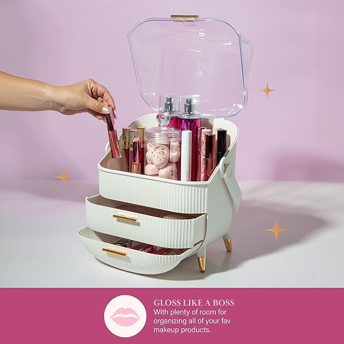 Paris Hilton Makeup Storage Organizer with Lid, Cosmetics and Skincare Organizer for Vanity, Portable Makeup Storage Box for Countertop, Fluted Design with Gold Accents, White