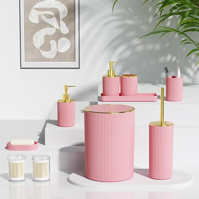 Light Pink Bathroom Accessories Set, 10PC Bathroom Set, Bath Accessory with Pop Up Trash Can, Soap Dispenser, Toilet Brush, Toothbrush Set Qtip Holders & Tray