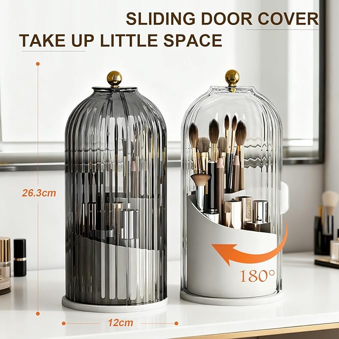 Makeup Brush Holder with Lid 360 rotating,Toothbrush Holder With lid for vanity,3 Slots Storage with 360 Rotating &180° Sliding Open for Bathroom Counter Organizer,Clear Dustproof & Waterproof 1pcs