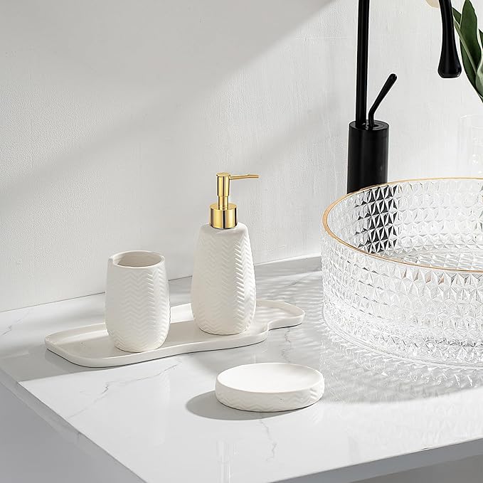 Whiet and Gold Bathroom Accessories Set, 3pcs Ceramic Farmhouse Decor, Complete countertop Bathroom Decor with soap Dispenser，Toothbrush Holder and soap Dish for Stylish Bathroom Organization