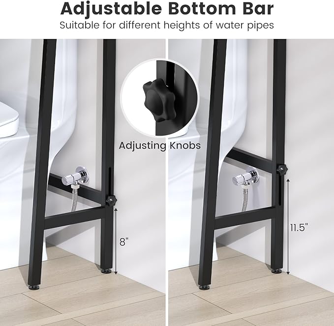 Nightcore Over-The-Toilet Storage, 3-Tier Freestanding Bathroom Organizer Shelf w/ 2 Hanging Hooks & Toilet Paper Holder, Multifunctional Metal Toilet Storage Rack for Bathroom Laundry (Black)