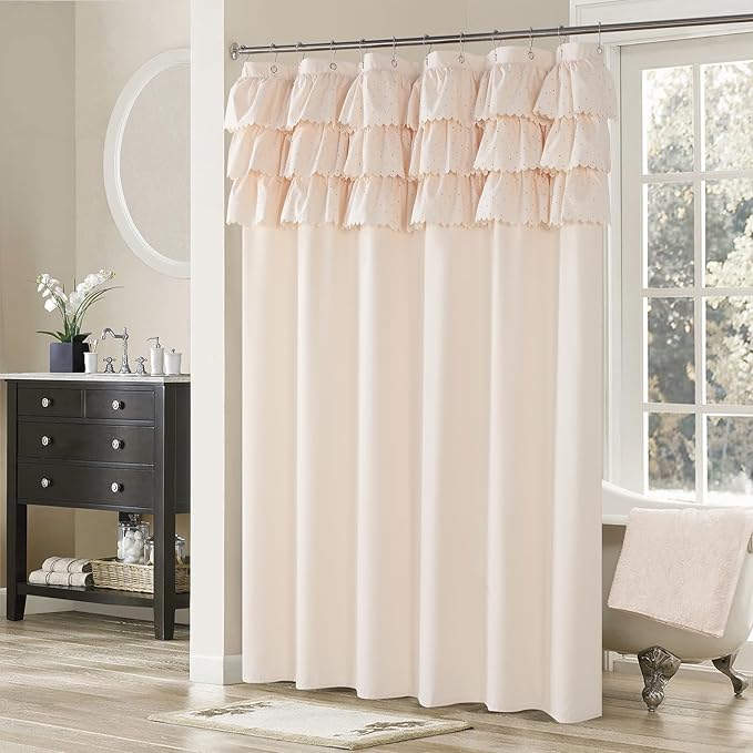 Beige Ruffle Shower Curtain with Small Holes, Girls Women Fabric Shower Curtain with Delicate Handcrafted Ruffles, Waterproof Ruched Farmhouse Decorative Bathroom Curtain, 72" W x 72" H