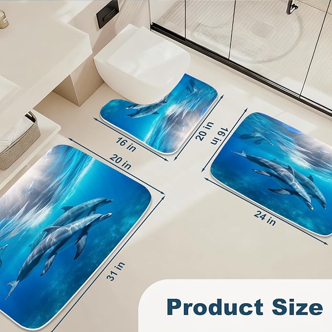 Sea Animals Undersea Dolphins Bathroom Rugs and Mats Sets 3 Piece, Memory Foam 20 x 31.5 inch Bath Mat, U-Shaped Contour Shower Mat Non Slip Absorbent Washable