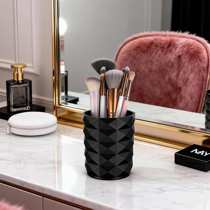 Acrylic Makeup Brush Holder Organizer, Black Makeup Brush Organizer, Stylish Pencil Holder for Desk, Cosmetics Brushes Cup Storage with Texture, Desk Accessories for Office, School, Home