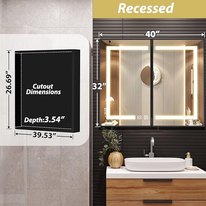 ROOMTEC Lighted Medicine Cabinet with Mirror 40"x32", Wall Mounted Bathroom Mirror with Storage, 2 Doors Bathroom Wall Cabinet with LED Lights, Black