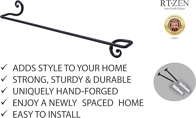 RTZEN Farmehouse Bathroom Towel Holder - Wrought Iron Matte Metal Black Towel Bar Wall Mount Rod - Handmade Home Decor Metal Kitchen Hanger Bar (24'' - Fits 24 Inch Towels)