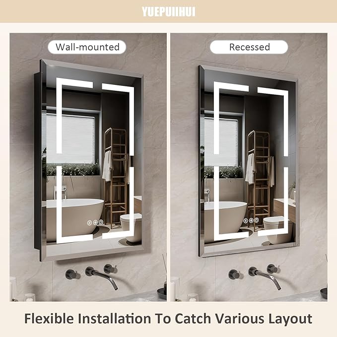 20X30 Inch Recessed Medicine Cabinet with Mirror, Adjustable 3-Color LED Cabinet with Brightness Dimming, Defogger