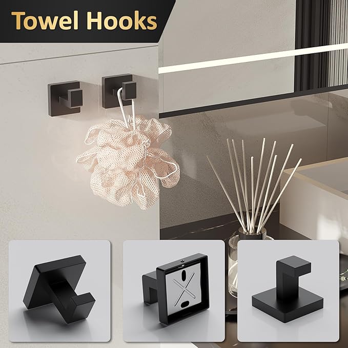 10-Pieces Bathroom Hardware Set,23.6inch Wall Mounted Double Towel Bar Set，Towel Rack&Toilet Paper Holder&Towel Ring and Towel Hook;Bathroom Accessories Set(Matte Black)