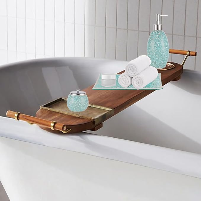 Escenzy Stylish Green Bathroom Accessories Sets 4 Pcs | Luxurious Glass Soap Dispenser, Toothbrush Holder, Cotton Swab Jar, Vanity Tray | Modern Decor Bling Mosaic Glass Turquoise Bathroom Accessories