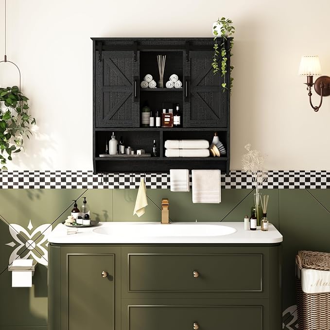 RUSTOWN Farmhouse Bathroom Wall Cabinet,3-Tier Rustic Wood Wall Mounted Cabinets,Vintage Medicine Cabinet with Sliding Barn Door and Adjustable Shelves,Over The Toilet Storage Cabinet (Black)