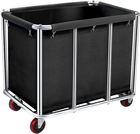 Commercial Laundry Cart with Wheels, 400L Large Rolling Laundry Cart with Steel Frame and Oxford Cloth, Heavy Duty Industrial Laundry Cart for Home,Hotel,Laundry Room, 441 lbs Load (Black-8)
