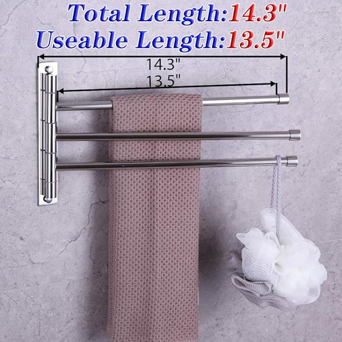 GERZWY SUS 304 Stainless Steel Bathroom Hand Towel Rack 3-Bar Folding Arm Swivel Hanger Bath Towel Holder Swing Out Towel Bar Wall Mount Polished Finish HYG03-JG