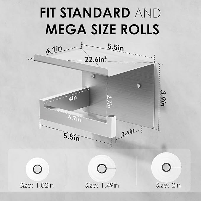 Auxmir No Drilling Self Adhesive Toilet Paper Holder, Premium Rustproof SUS304 Stainless Steel Roll Holder Wall Mount Tissue Holder for Bathroom Kitchen Washroom, Toilet Paper Holder with Shelf-Silver