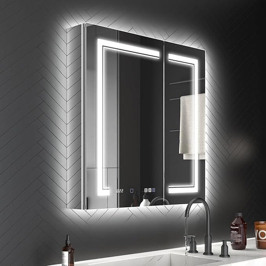 ExBrite 30 x 32 LED Lighted Medicine Cabinet with Mirror, Front & Backlit, Night Light, Clock & Temperature Display, Defog, 5X Magnifier, 3-Color Dimmable LED, Surface or Recessed Mount