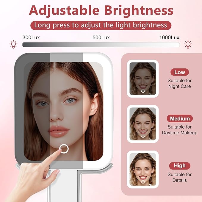 DECLUTTR Travel Makeup Mirror with Lights, Rechargeable 15X/1X Double-Sided Magnifying Mirror with 3 Color Lights, Brightness Adjustable, Portable Handheld Mirror Tabletop, Gift for Women