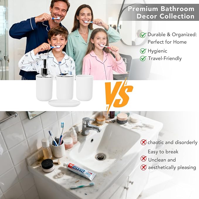 Matte White Bathroom Accessories Set, 4 Piece Plastic Bathroom Toothbrush Holder Set, Include Soap Dispenser, Toothbrush Holder, Rinse Cup, Soap Dish, Boho White Bathroom Decor for Home, Bathroom Set