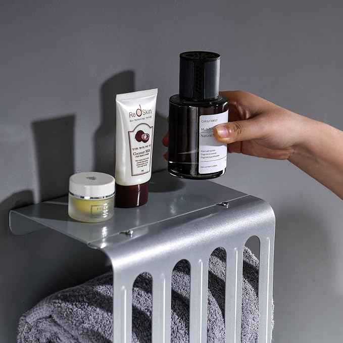 simpletome Towel Storage Rack Adjustable Height Wall Mount Bathroom Shelf Organizer Carbon Steel (Silver Grey)