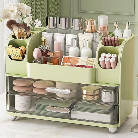Makeup Organizer with 2 Drawers, Cosmetic Display Case, Storage Holder for Vanity, Bathroom Counter, Desk, Beauty Supplies (Green)