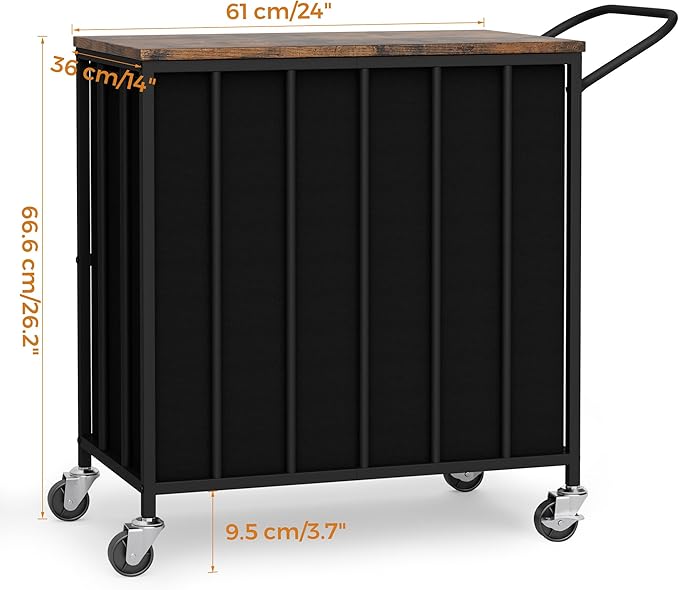 120L Laundry Hamper with Wheels and Lid, Rolling Laundry Basket with Dual Removable Liners, Soft-Close Flip-Top Wooden Lid, Metal Handles, Clothes Organizer for Bedroom and Laundry Room
