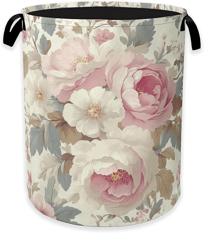 Vintage Flower Laundry Basket,Pink White Floral Clothes Hamper,Oxford Cloth Collapsible Nursery Hamper Storage Organization for Bedroom,Bathroom,Office,College Dorms,16x20 Inch
