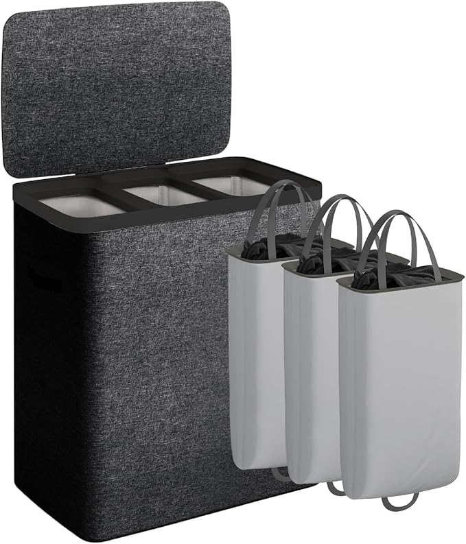 CASAMAYA Laundry Basket with Lid, Laundry Hamper 3 Section, 190L collapsible Laundry Organizer, Easy Assembly,with Handles and Removable Liners, 25.2 x 15.7 x 29.5 Inches, Black JSP904B