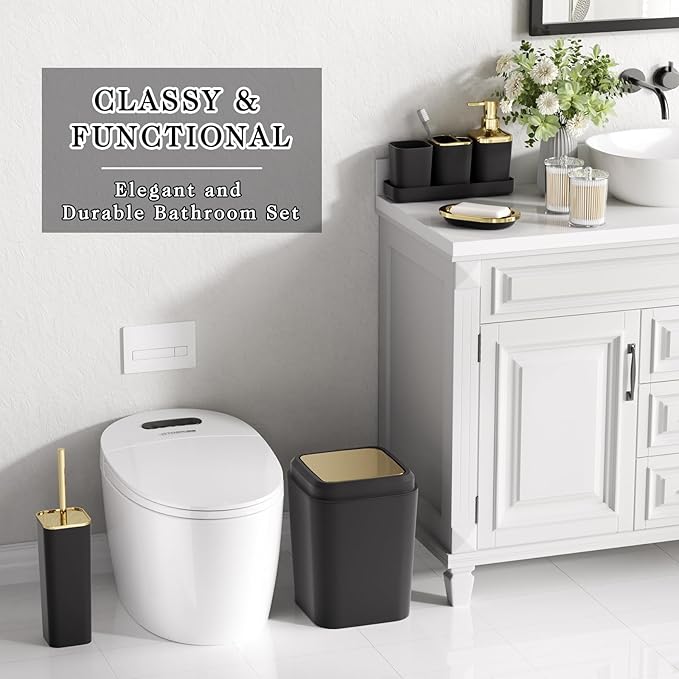 XLHOMO Bathroom Set - Black Bathroom Accessories Set, Bathroom Sets with Shower Curtain and Rugs, 24PC Shower Curtain Set with Hooks, Soap Dispenser, Soap Dish, Toilet Brush Holder and Trash Can