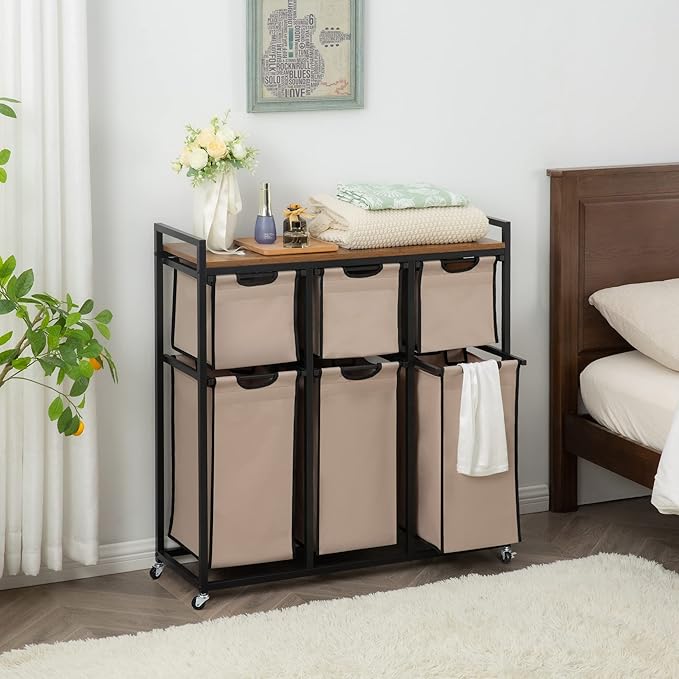 Suntage Laundry Basket Organizer, Hampers for Laundry 6 Compartments, Laundry Hamper with 6 Sliding Laundry Sorter Bags, Top Storage Shelf, and Metal Frame (6 Compartments)