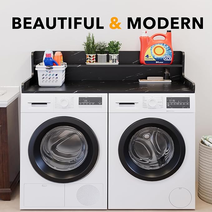 SpaceAid Washer Dryer Countertop with 2-Tier Shelf, Wood Topper with Edge, 54" Width x 27.5" Depth Cover Organizer Guard for Washer and Dryer Counter Laundry Hamper Storage (Black Marble)