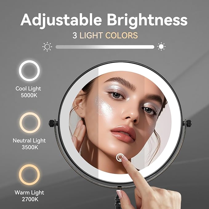 Nicesail Rechargeable Makeup Mirror with Lights and Magnification 10X, 3 Color LED Lights, Cordless Lighted Vanity Desk Mirror with Lights, Light up Magnifying Tabletop 360 Rotation Oil Rubbed Bronze