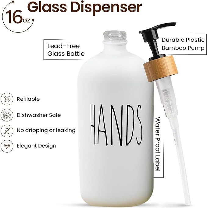 Sunrise Premium 16 OZ Thick White & Black Glass Soap Dispenser, Bamboo Pump with Tray 2 Pack, Hand and Dish Soap Dispenser Set for Bathroom with 6 Waterproof Labels