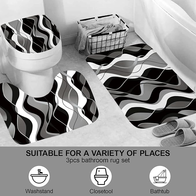 beifivcl 4Pcs Black Shower Curtain Sets with Non-Slip Rugs, Toilet Lid Cover and Bath Mat, Black and Gray Bathroom Decor Set Accessories Fabric Waterproof Shower Curtains with 12 Hooks, 72 x 72 Inch