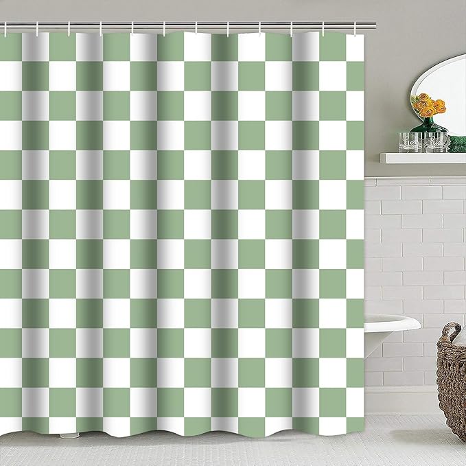 4 PCS Checkered Shower Curtain Sets Fun Gingham Bathroom Sets Soft Non Slip Bath Rugs Toilet Cover U-Shaped Mat Retro Bright Waterproof Shower Curtains with 12 Hooks for Tub Toilet, Green