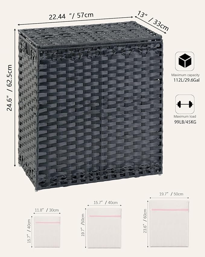 SETVSON Laundry Hamper with Lid Wicker Laundry Basket 112 L (29.6 Gal) Laundry Hampers Handwoven Rattan Clothes Hamper with Handles 3 Removable Liner Bag, 6 Mesh Bags for Bathroom Bedroom Black