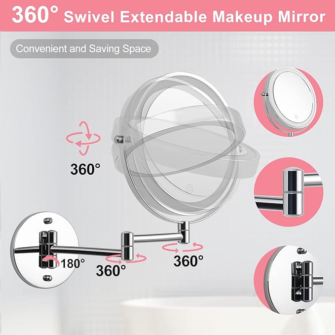 8" LED Wall Mounted Makeup Mirror, 1X/10X Magnifying Vanity Mirror with 3 Color Modes, 2000mAh Rechargeable 360° Swivel Extendable Arm, Polished Chrome for Bathroom Makeup, Shaving, Skincare