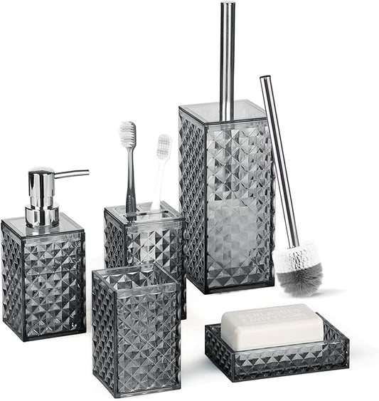 Bathroom Accessory Set, Grid Pattern 5 Pcs Plastic Bathroom Set Include Toilet Bursh, Soap Dispenser, Soap Dish, Toothbrush Holder, Mousewash Cup, Modern Bahtroom Décor Set(Dark Grey)