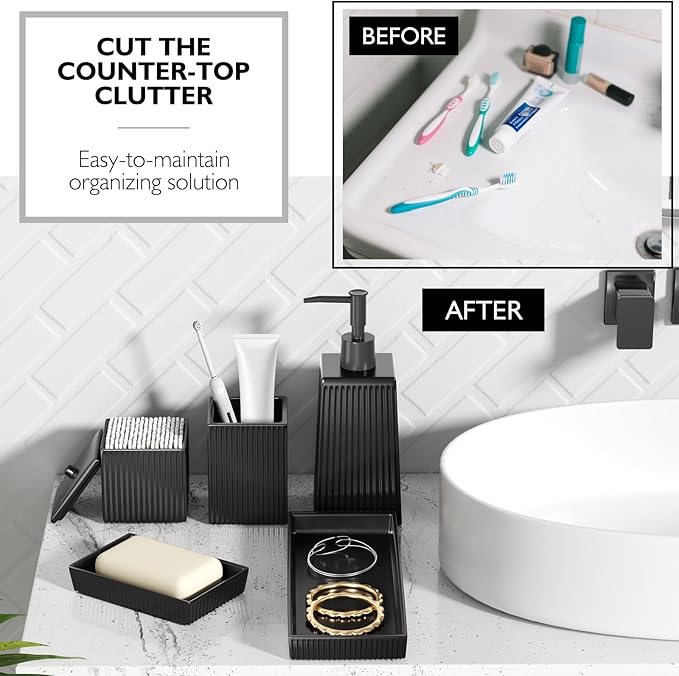 XLHOMO Bathroom Set - Black Bathroom Accessories Set, 5PCS Ceramic Bathroom Accessory Set, Bathroom Sets with Soap Dispenser, Toothbrush Tumbler, Soap Dish, Q-tip Holder & Vanity Tray