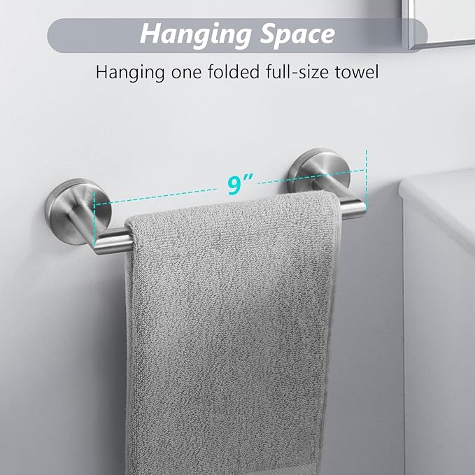JunSun Bathroom Towel Bar 9 Inch Brushed Nickel Towel Racks Wall Mounted Bath Hand Towel Holder Modern Home Decor Towel Rod Bathroom Hardware Stainless Steel Towel Hanger Silver Towel Rail Single Bars