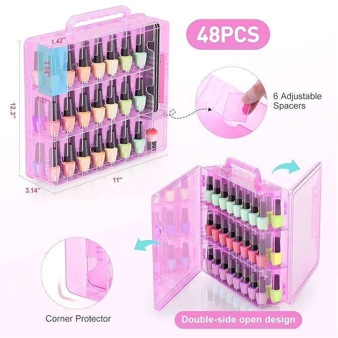 Nail Polish Organizer Pack of 2, Portable 48 Bottles Clear Nail Polish Holder with Adjustable Divider, Gel Nail Polish Storage Double Side Nail Polish Organizer Case for Nail Tech Pink