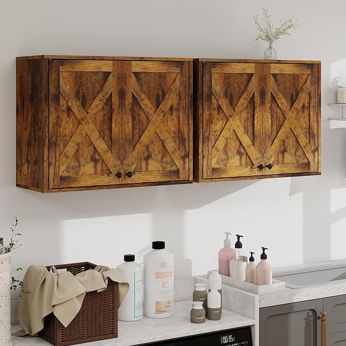 YOURLITE Laundry Cabinet, Medicine Cabinet, Bathroom Kitchen Storage Wall Mounted Farmhouse Organizer with Shelves Over Toilet, One Set of 2 Pieces X 24"