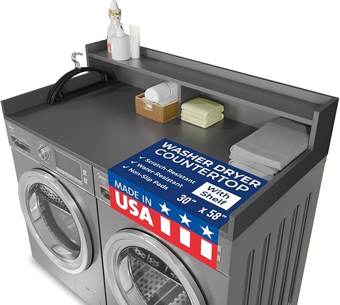 OfficeSimpli Large Washer Dryer Countertop with Shelf - 30 x 58 Inch - Made in USA Laundry Countertop Over Washer and Dryer with Non-Slip Pads, Storage Shelf, Laundry Topper Organizer, Grey